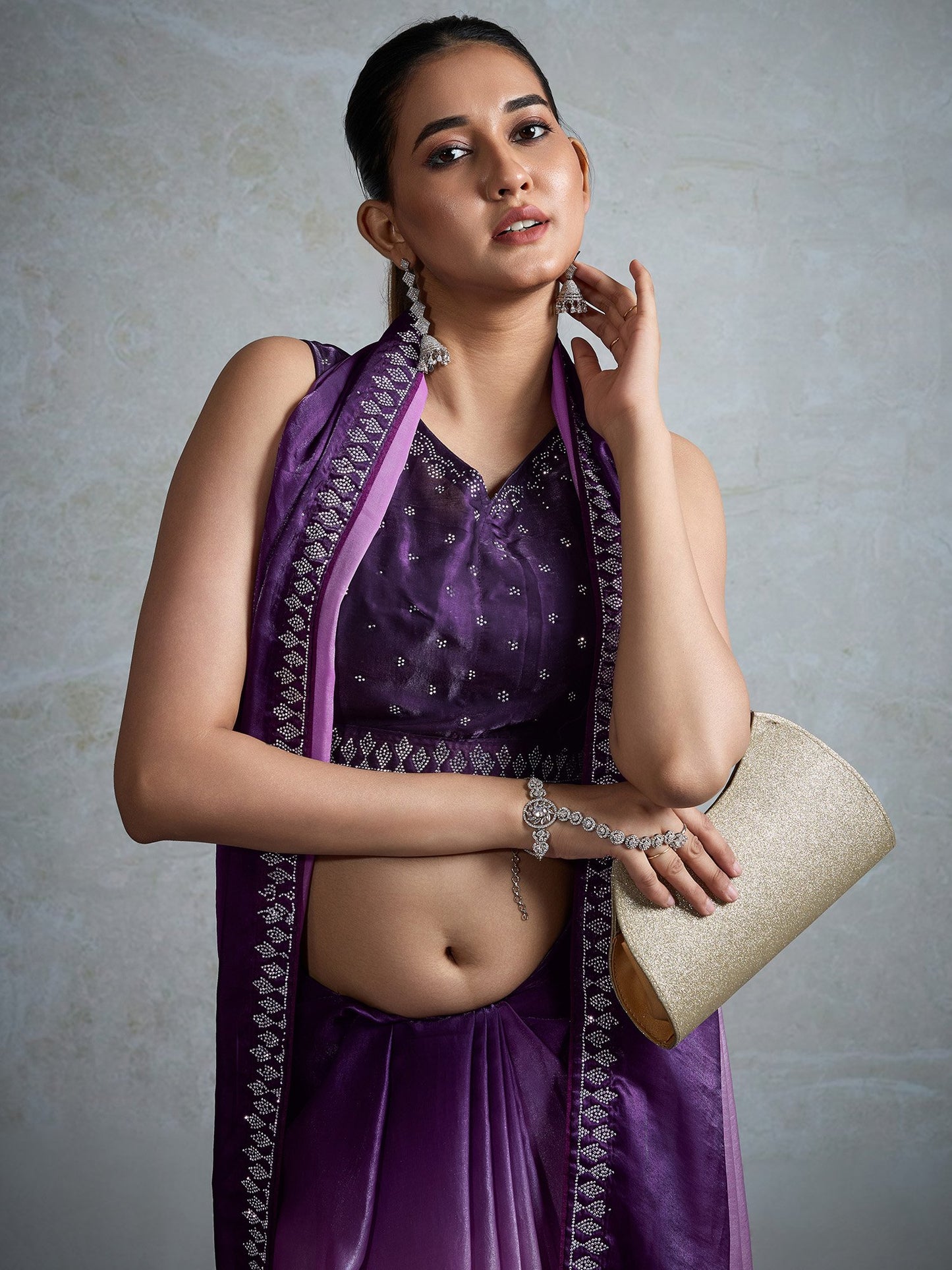 Lavendar Party Wear Satin Embellished Saree