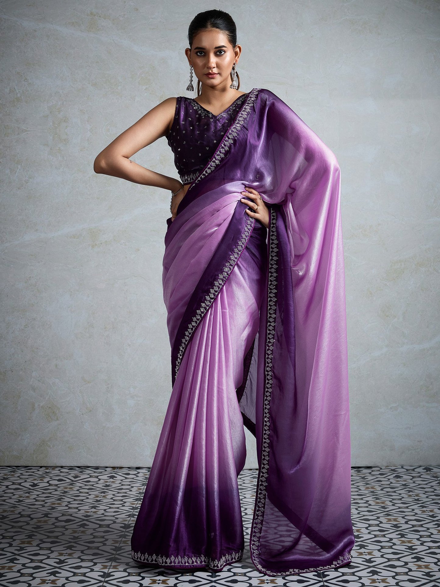 Lavendar Party Wear Satin Embellished Saree