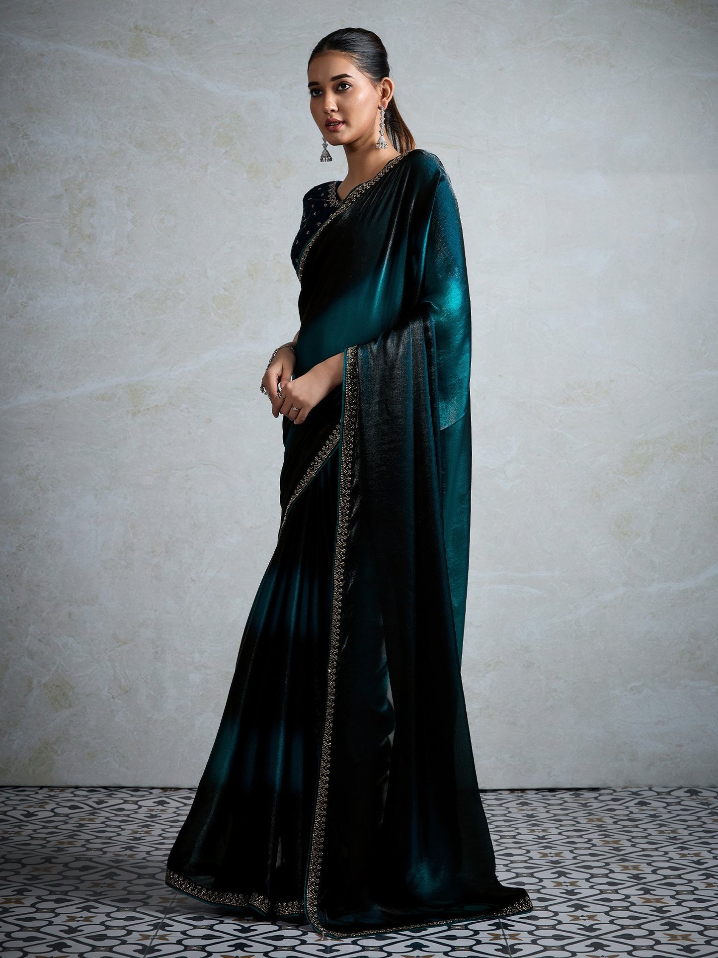Blue Party Wear Satin Embellished Saree