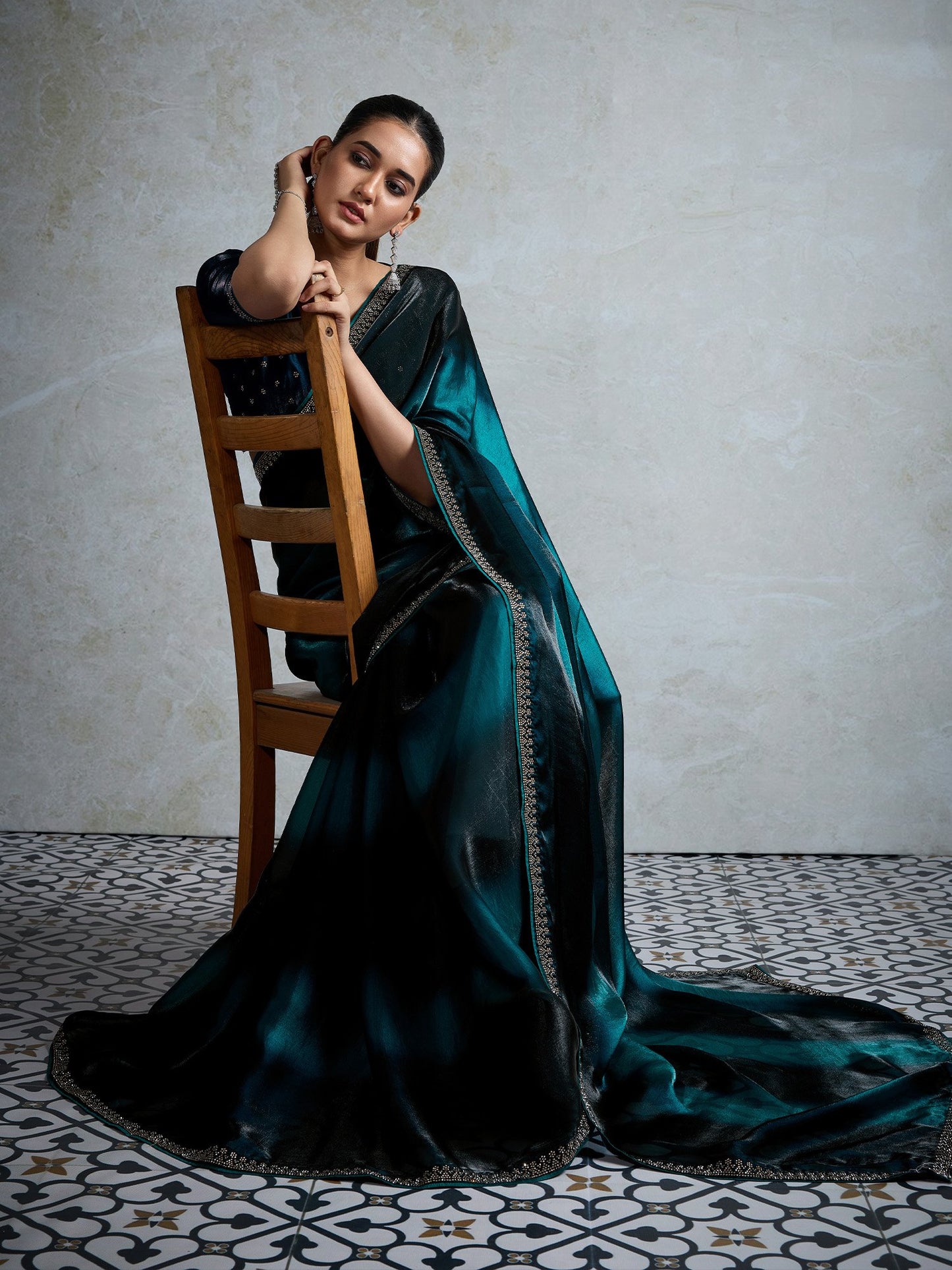 Blue Party Wear Satin Embellished Saree