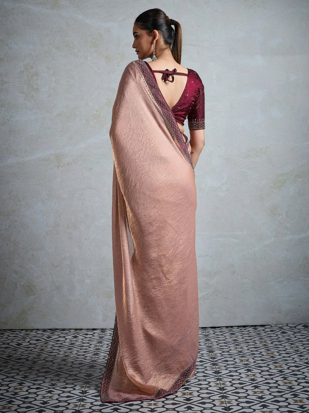 Rose Party Wear Satin Embellished Saree - The Dori Store