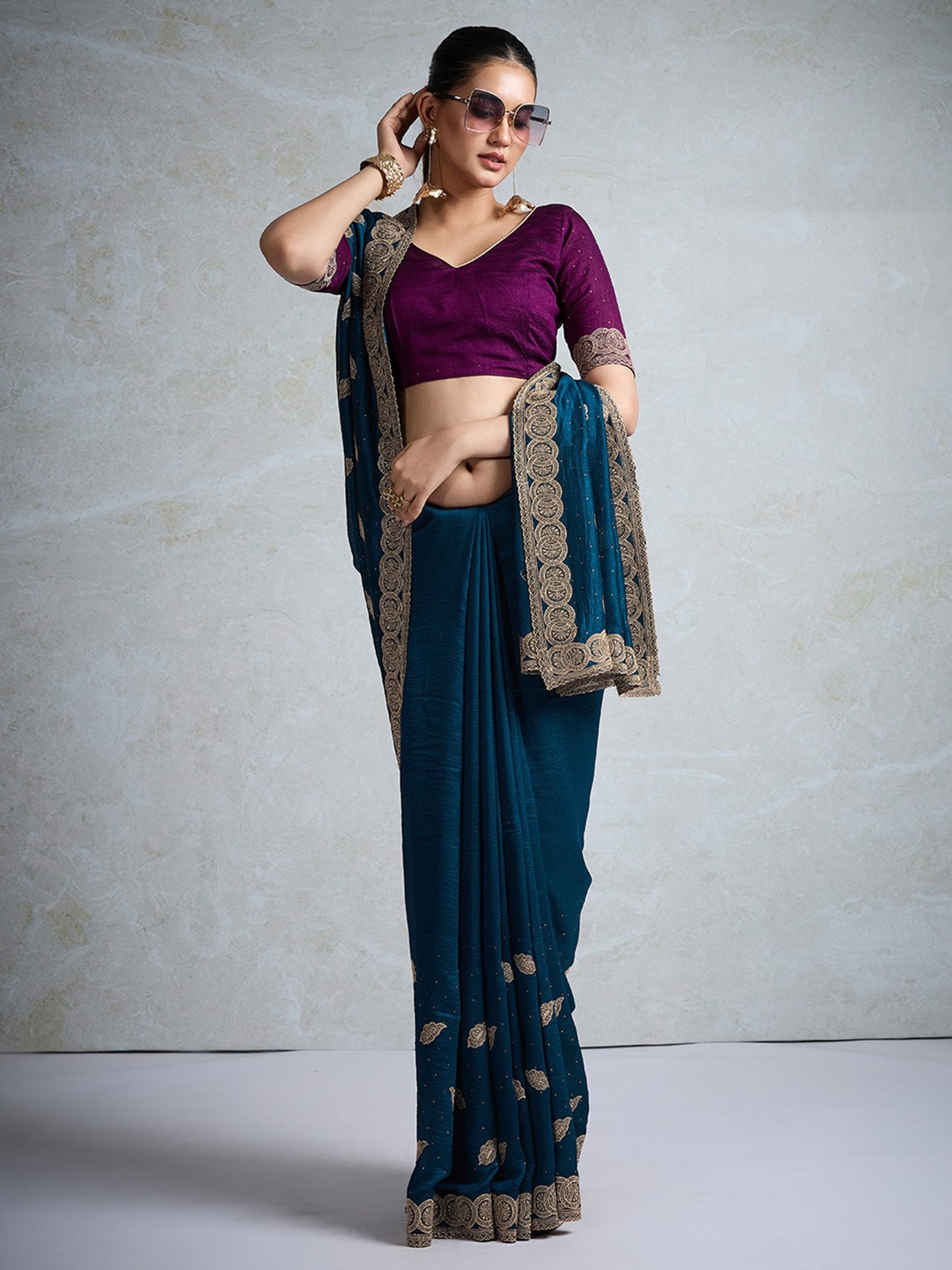 Teal Party Wear Vichitra Silk Embellished Saree