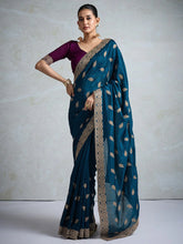Teal Blue Party Wear Vichitra Silk Embellished Saree - The Dori Store