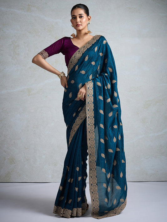 Blue Teal Party Wear Vichitra Silk Embellished Saree