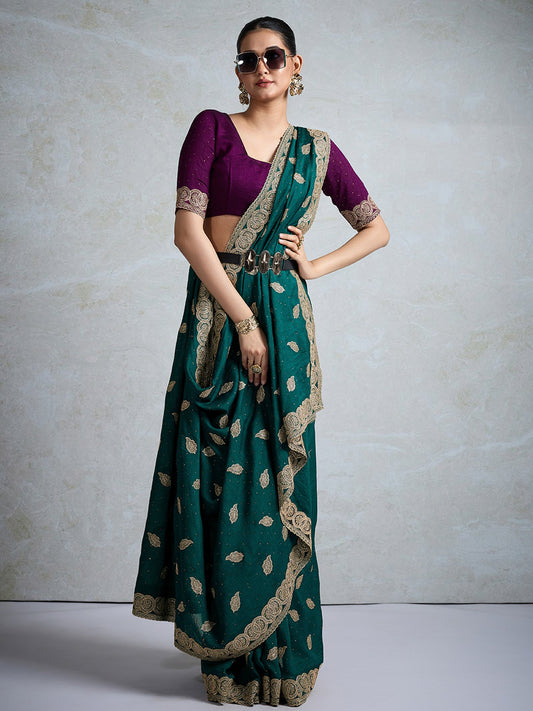 Green Teal Party Wear Vichitra Silk Embellished Saree