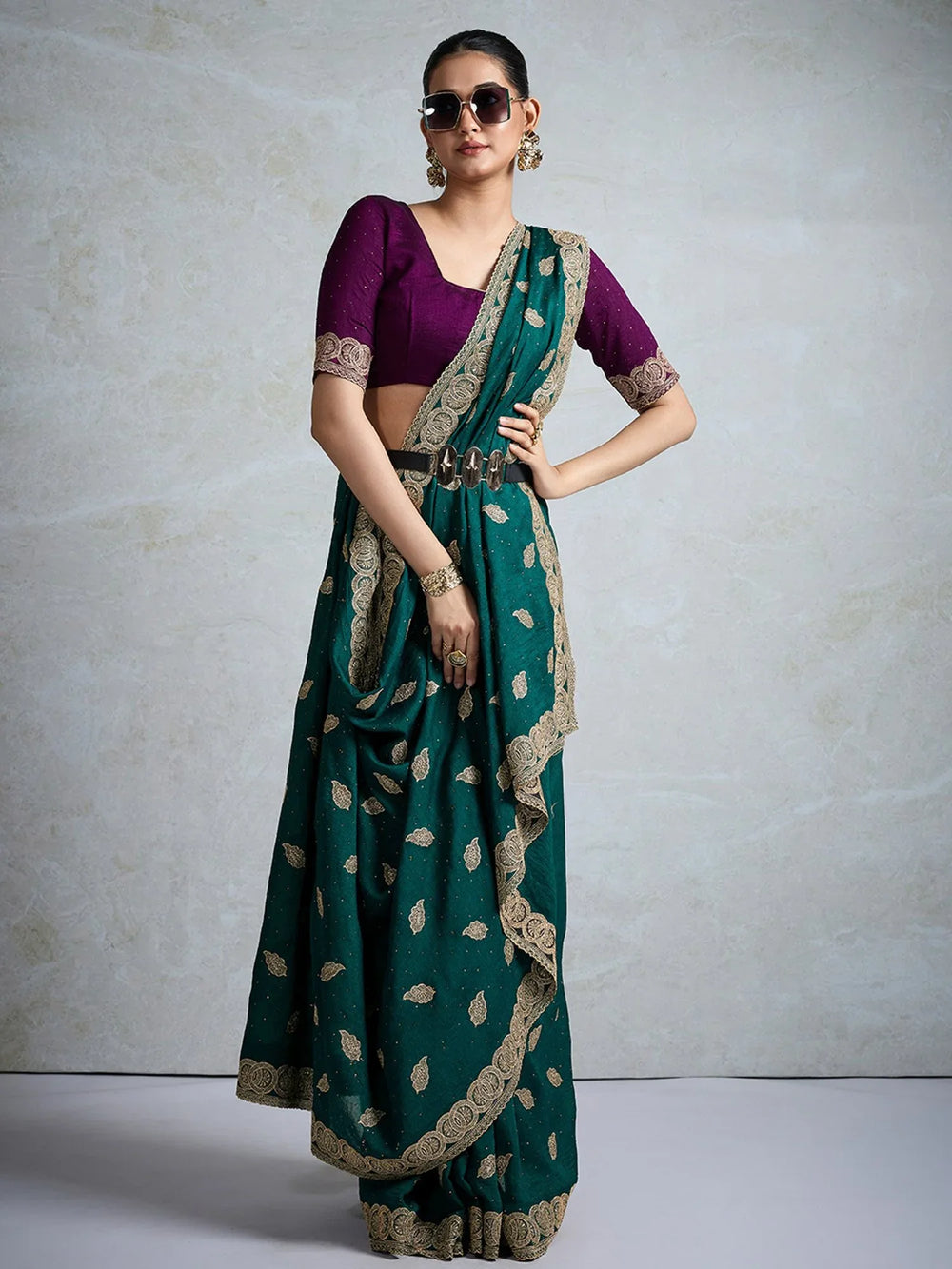 Teal Green Party Wear Vichitra Silk Embellished Saree - The Dori Store