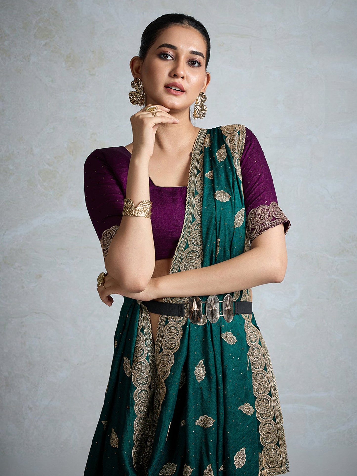Teal Party Wear Vichitra Silk Embellished Saree
