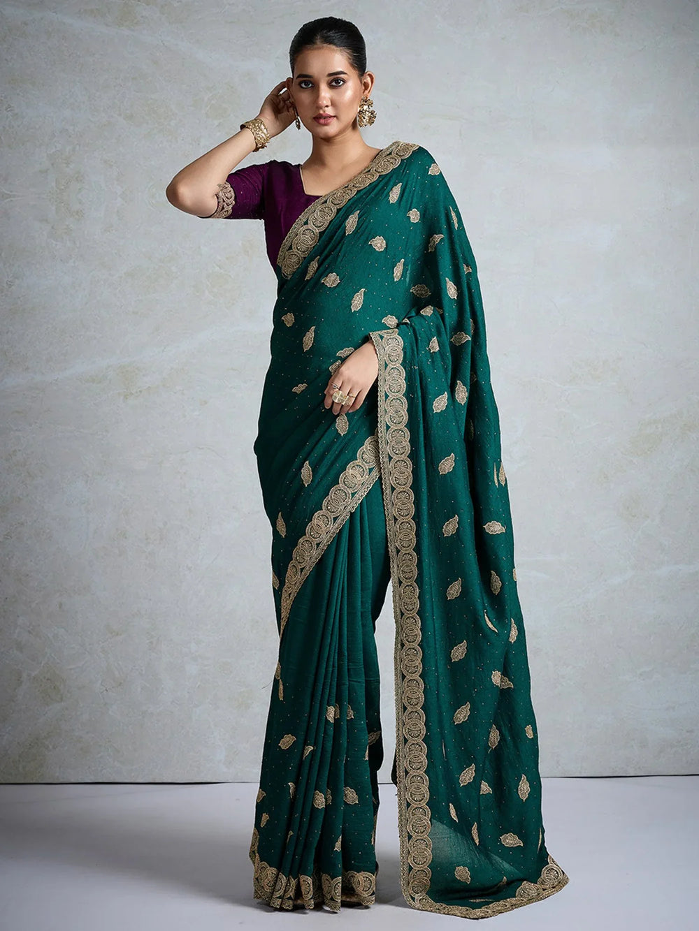 Teal Green Party Wear Vichitra Silk Embellished Saree - The Dori Store