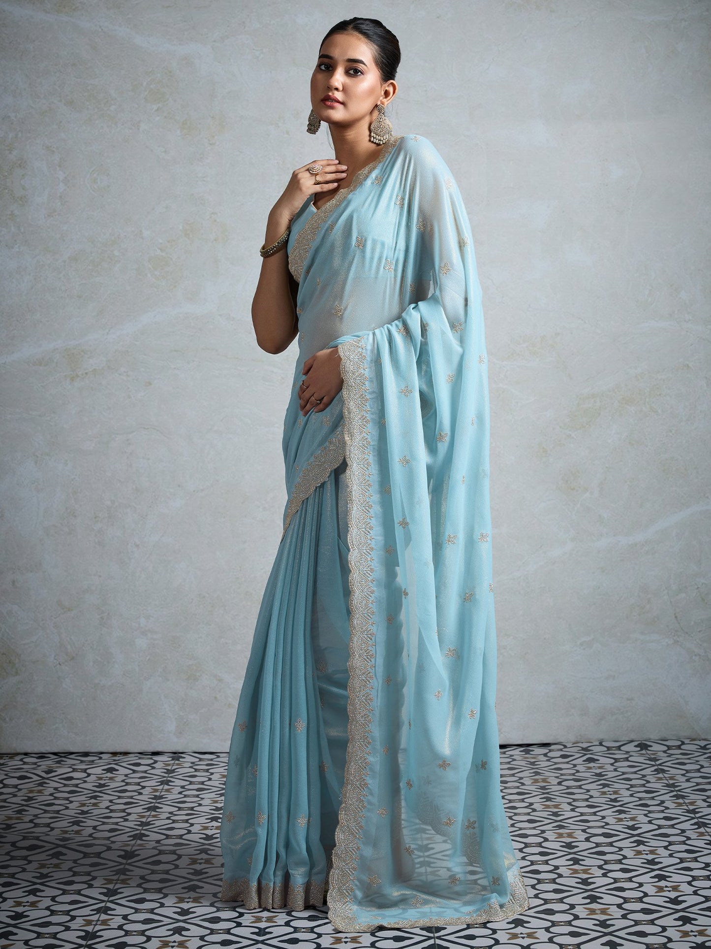Light Party Wear Georgette Zari Embroidered Saree