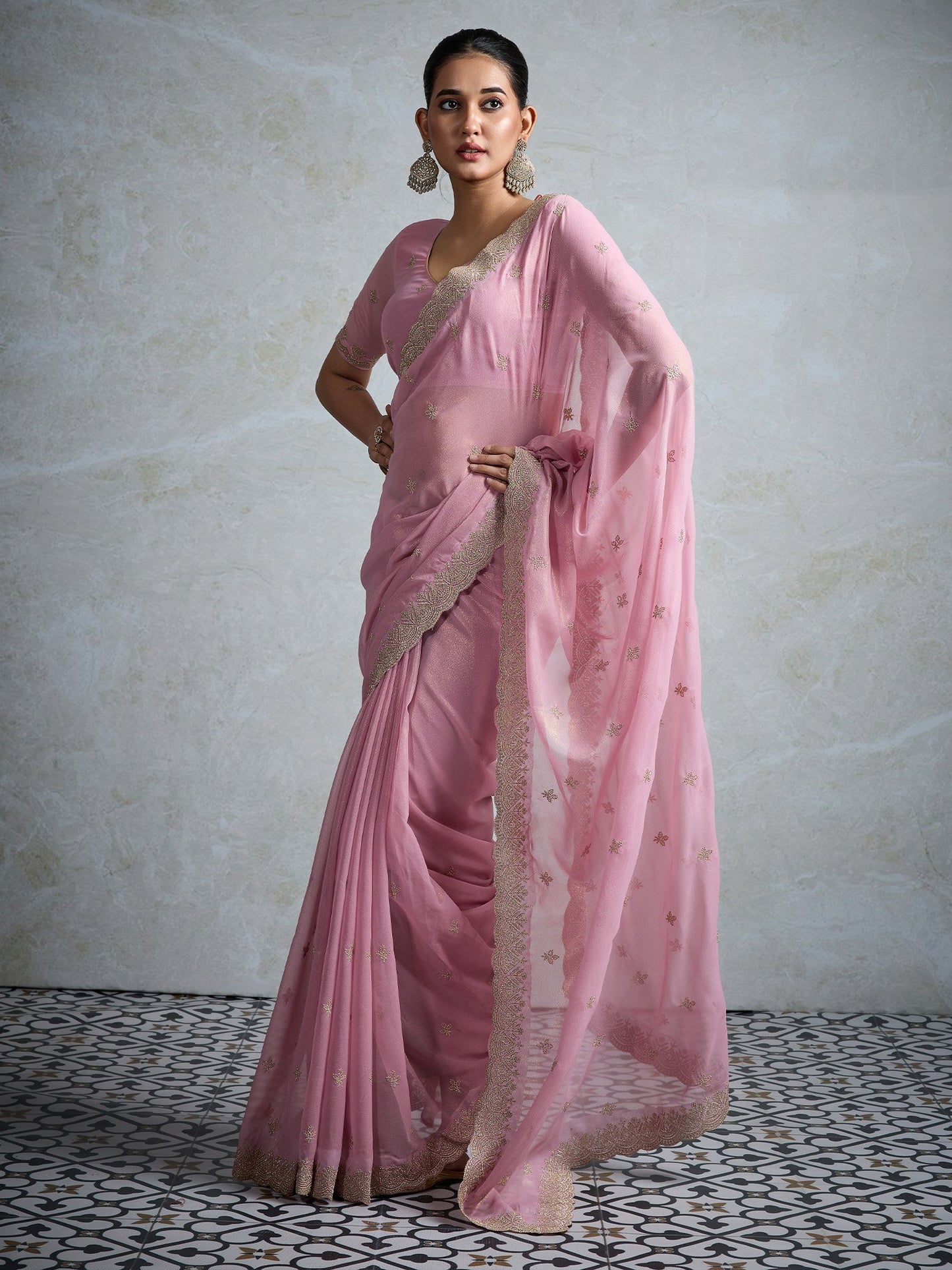 Pink Party Wear Georgette Zari Embroidered Saree