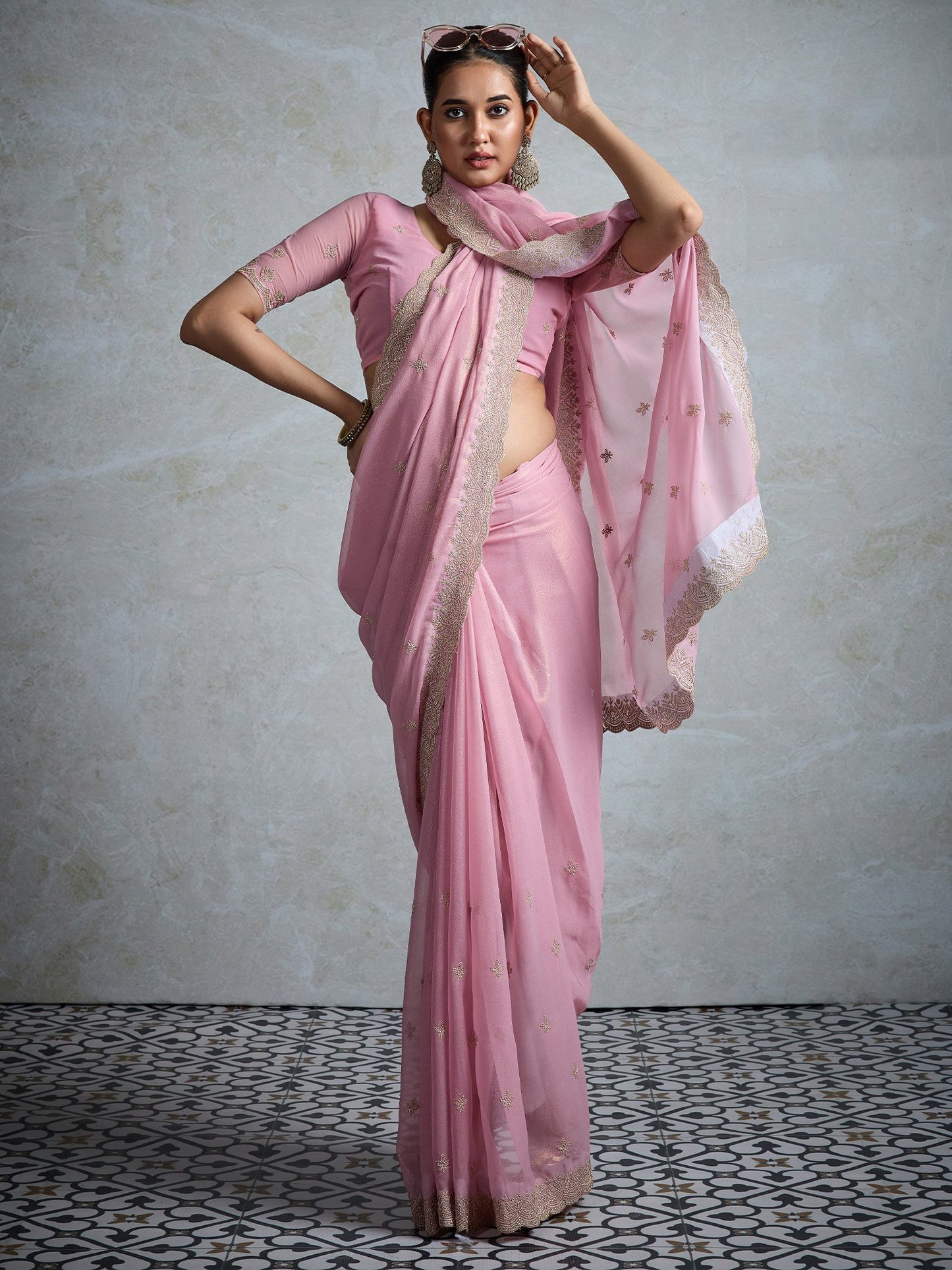 Pink Party Wear Georgette Zari Embroidered Saree