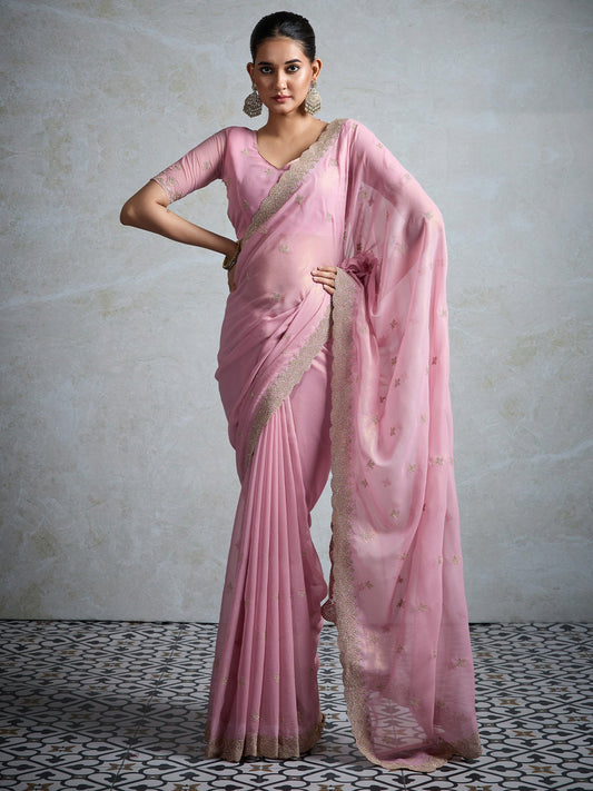 Pink Pink Party Wear Georgette Zari Embroidered Saree