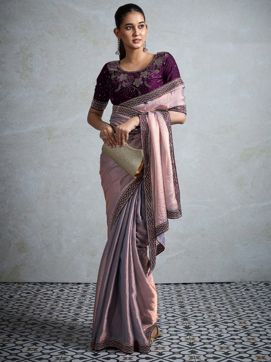 Grey Metallic Party Wear Satin Embellished Saree