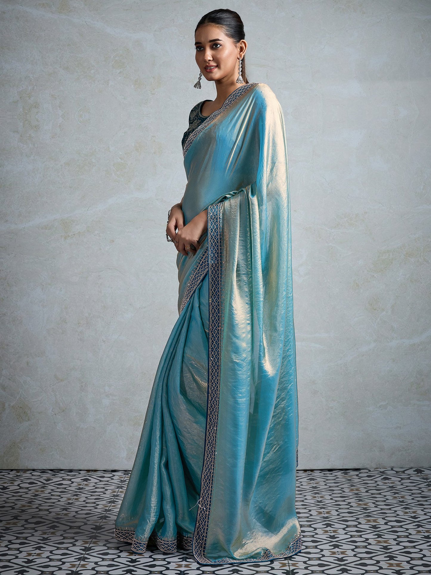 Teal Party Wear Satin Embellished Saree