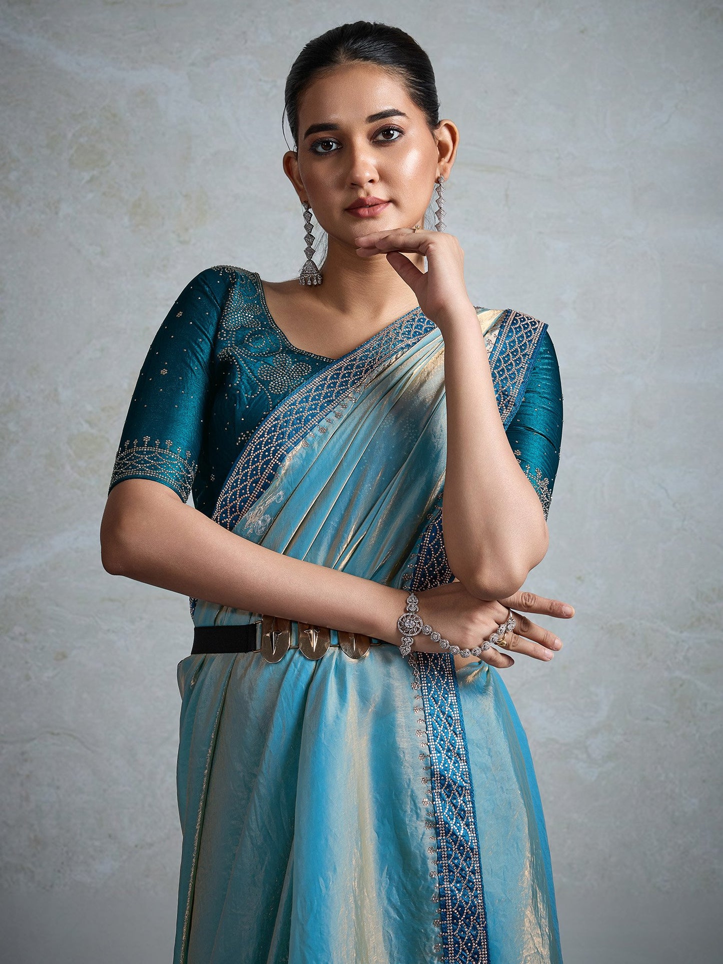 Teal Party Wear Satin Embellished Saree
