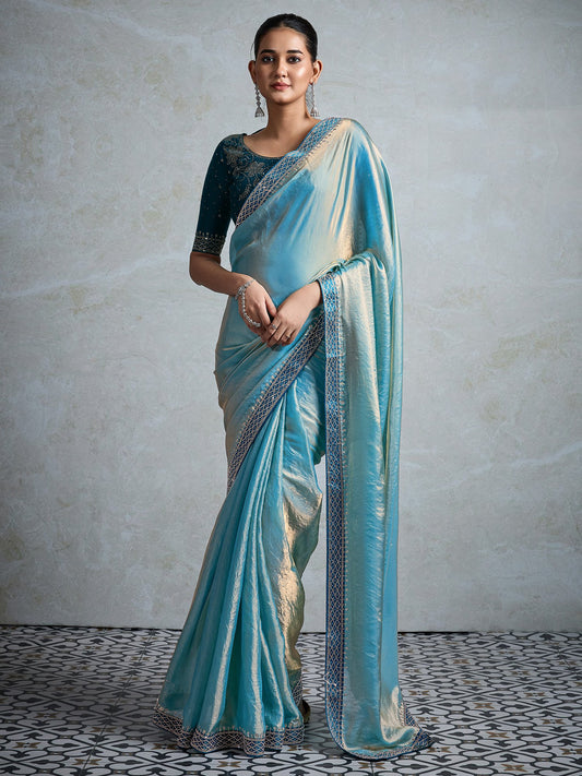 Blue Teal Party Wear Satin Embellished Saree