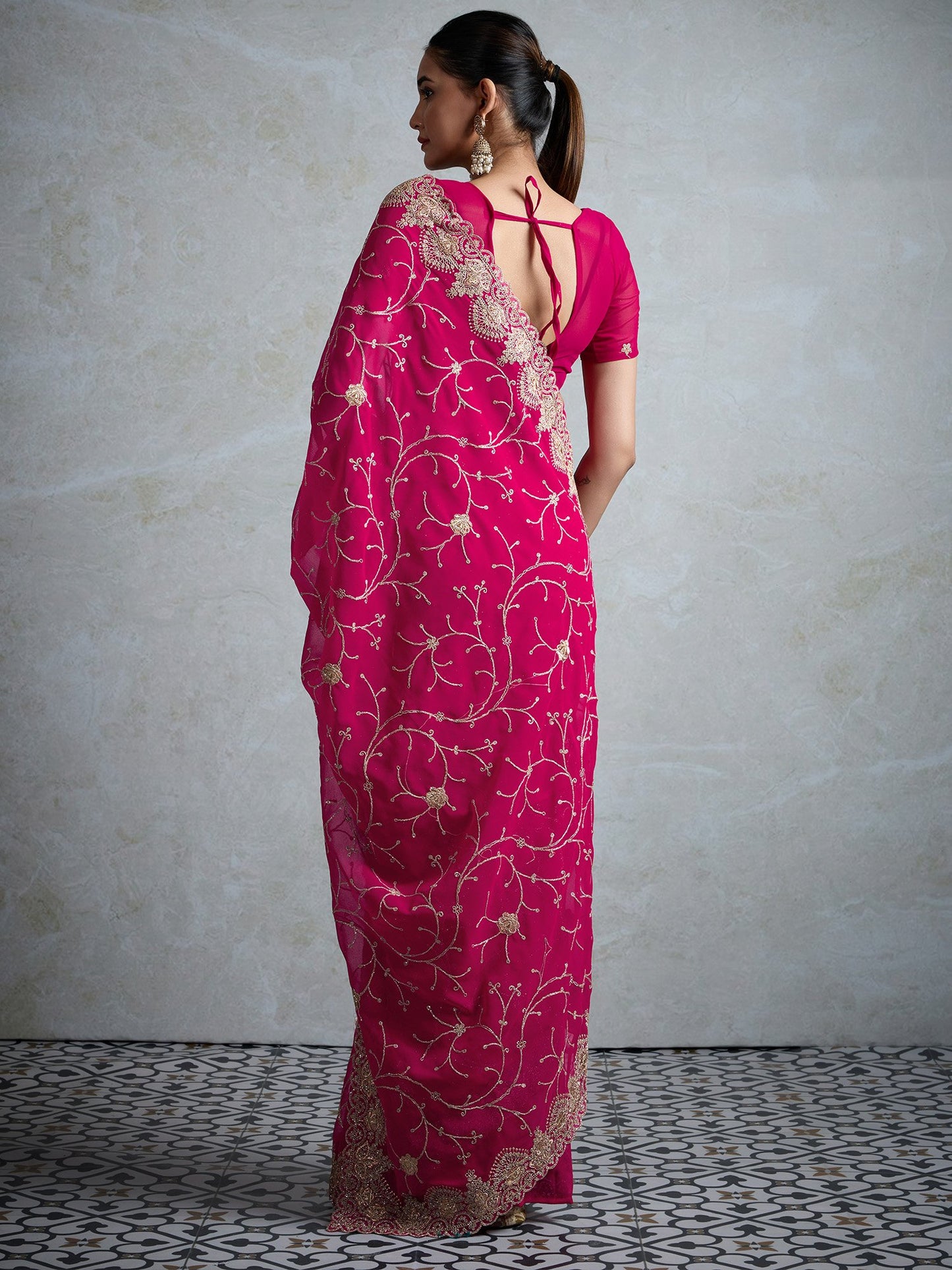 Pink Party Wear Georgette Embroidered Saree