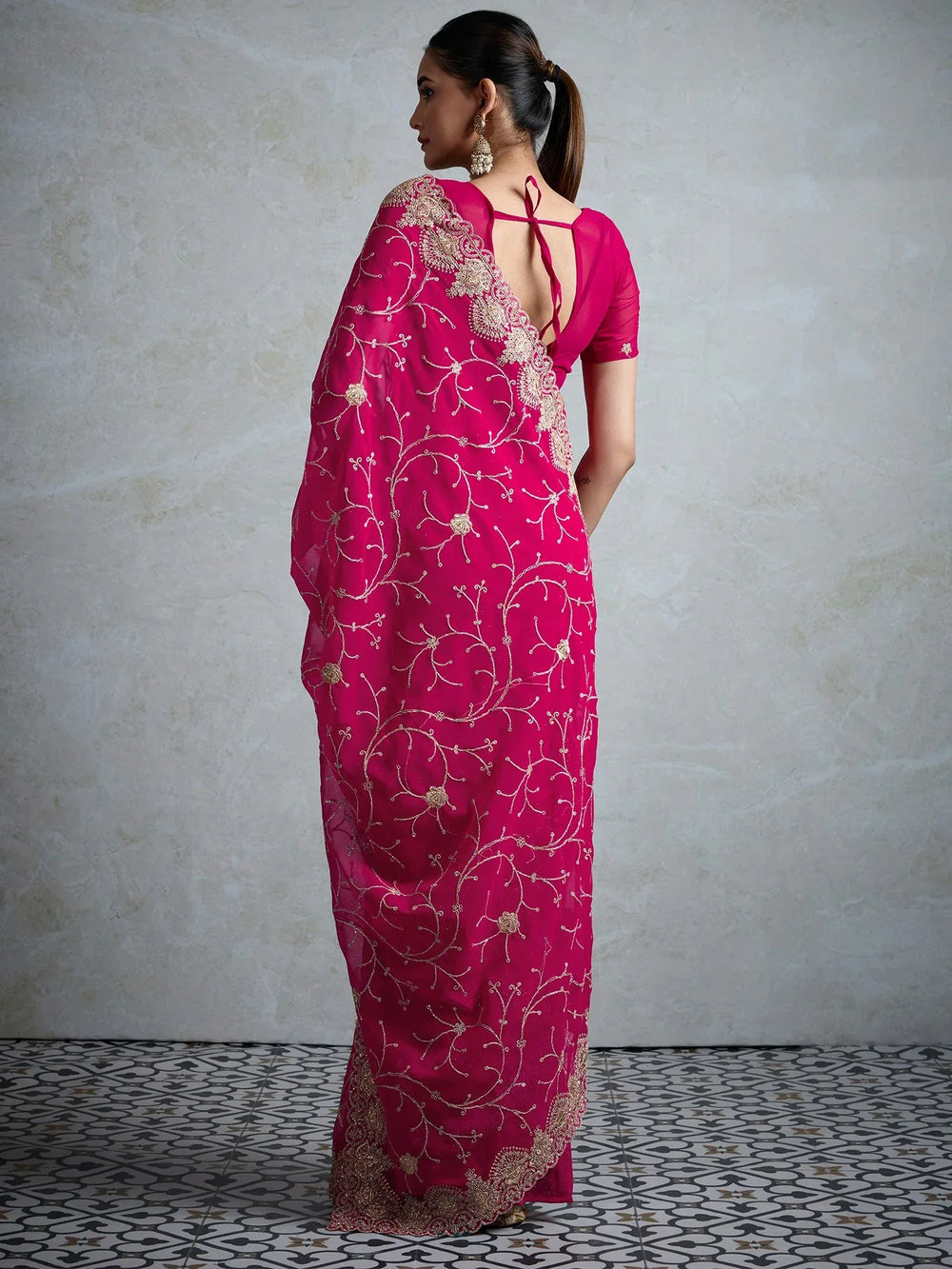 Pink Party Wear Georgette Embroidered Saree - The Dori Store
