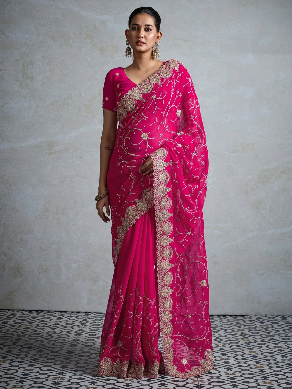 Pink Party Wear Georgette Embroidered Saree - The Dori Store