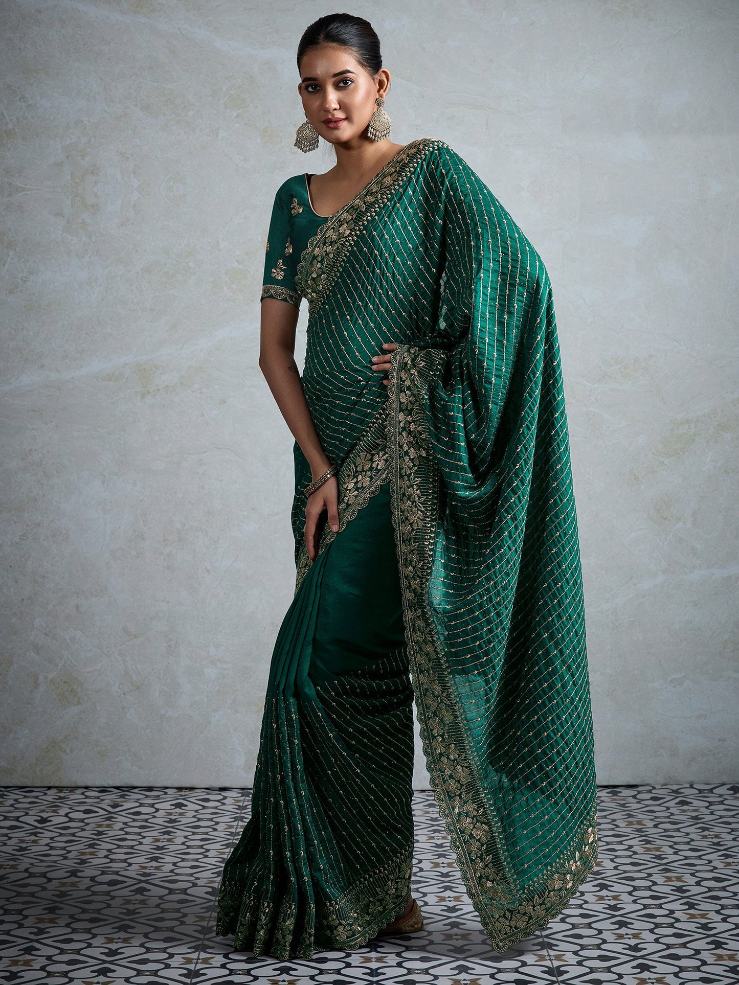 Teal Party Wear Vichitra Silk Embellished Saree