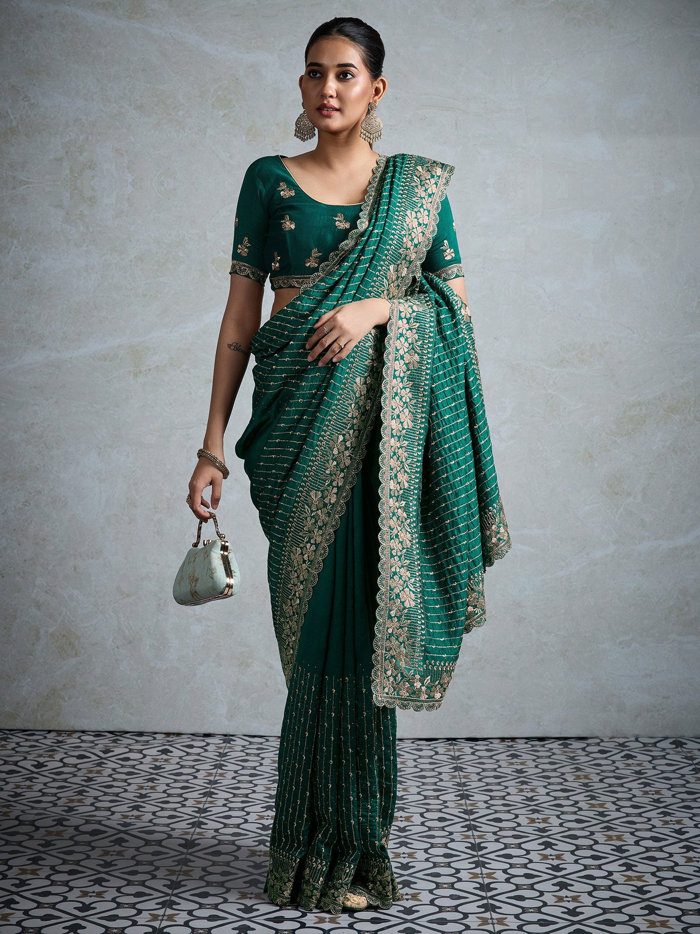 green Teal Party Wear Vichitra Silk Embellished Saree