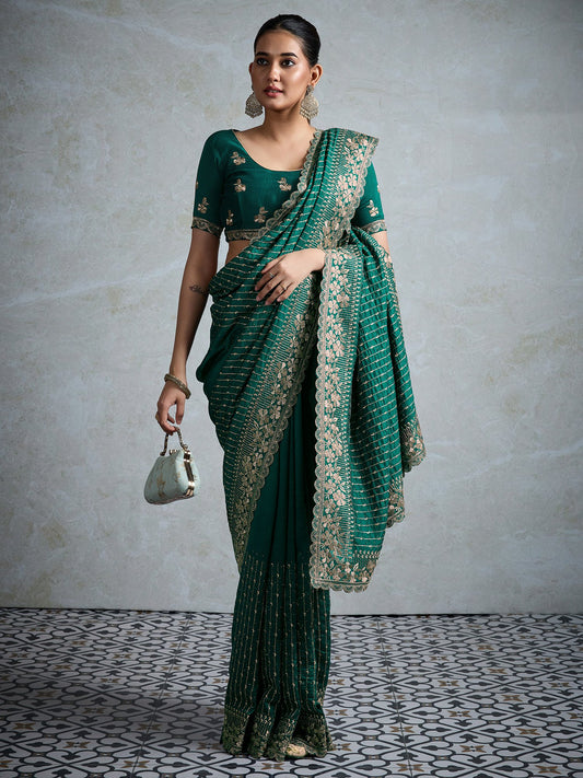 green Teal Party Wear Vichitra Silk Embellished Saree