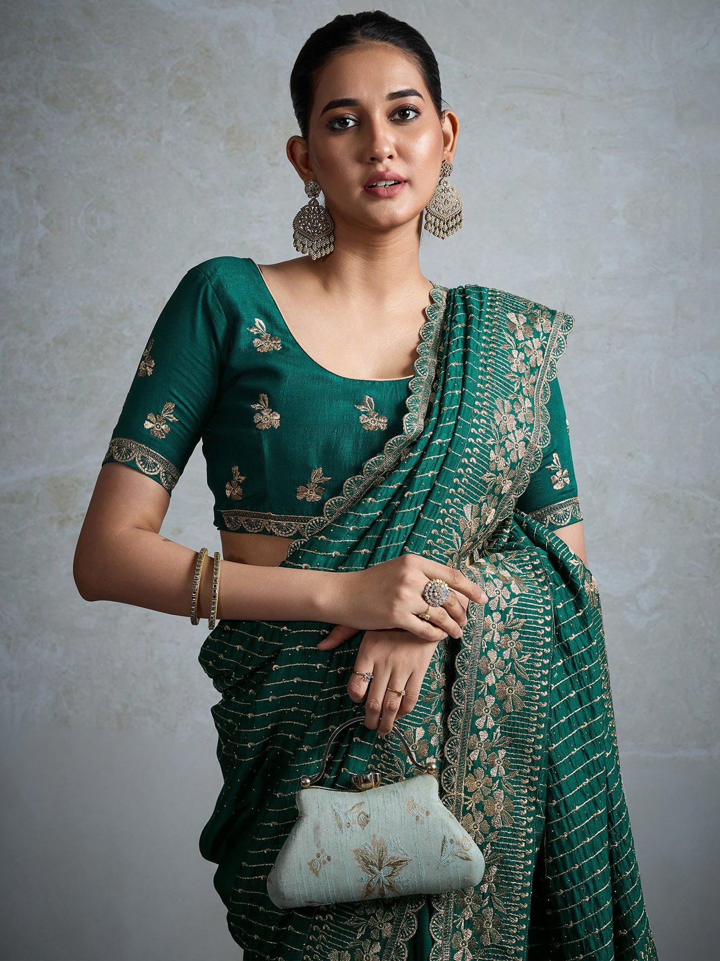 Teal Party Wear Vichitra Silk Embellished Saree