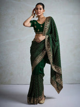 Dark Green Party Wear Vichitra Silk Embellished Saree - The Dori Store