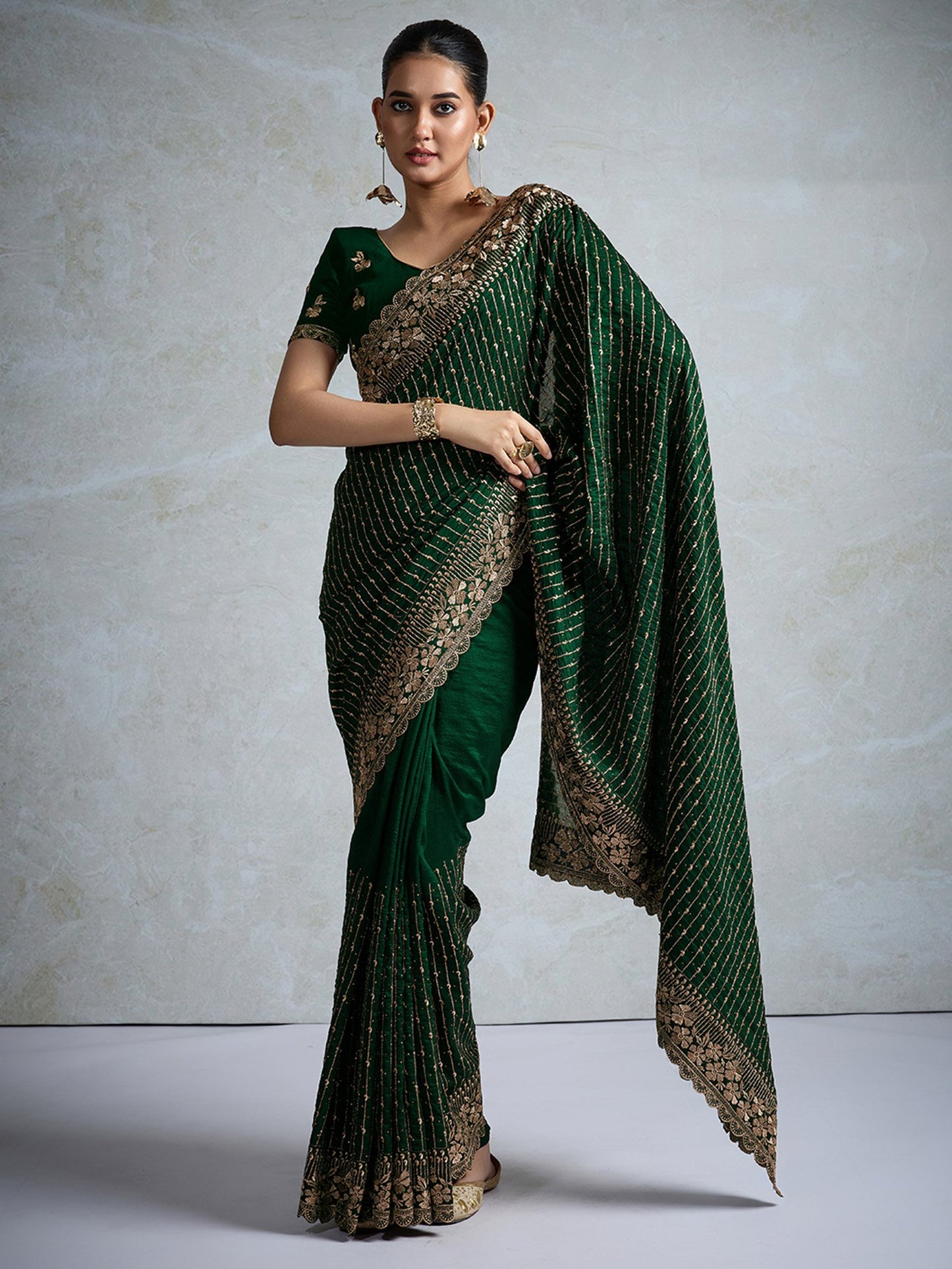 Dark Party Wear Vichitra Silk Embellished Saree