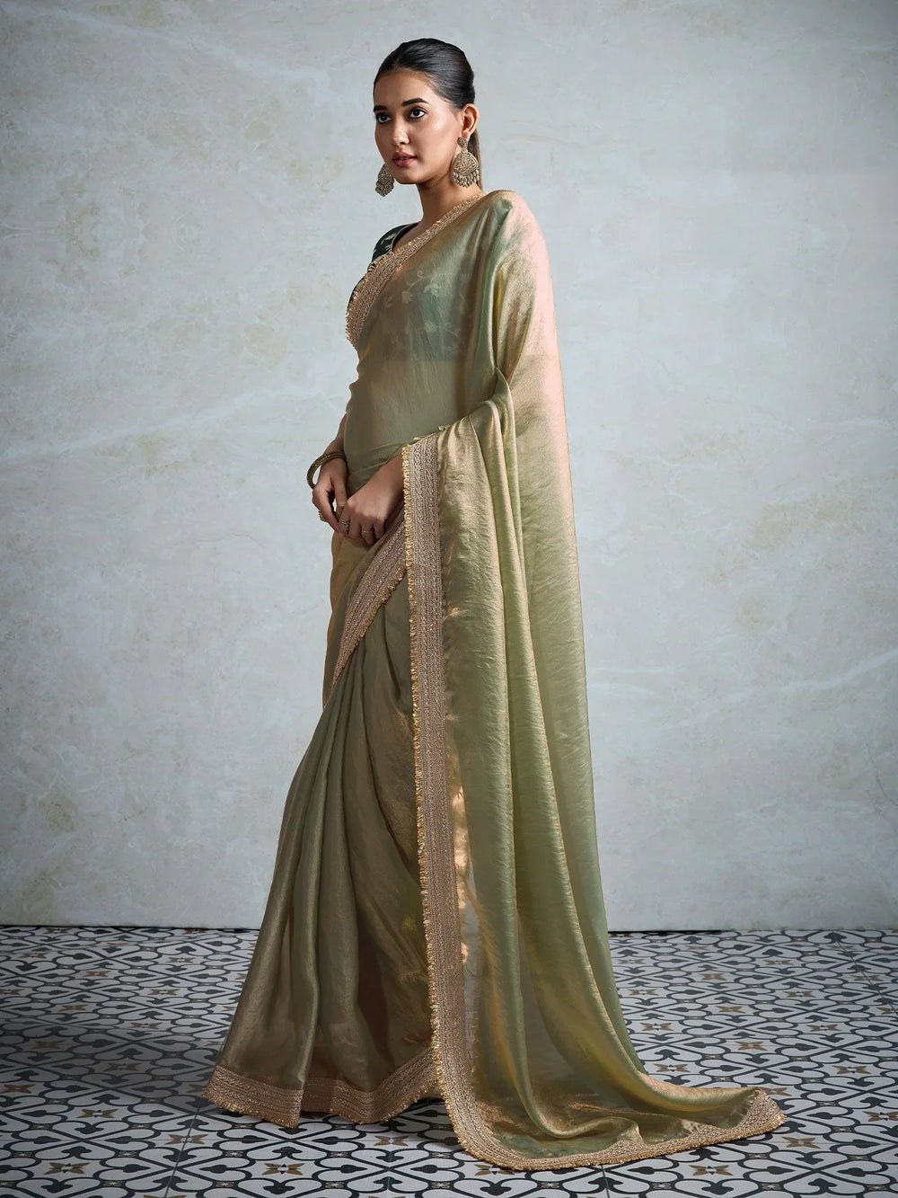 Olive Party Wear Pure Chiffon Embellished Saree - The Dori Store