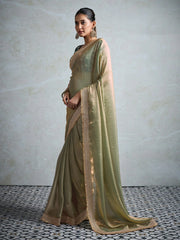 Olive Party Wear Pure Chiffon Embellished Saree - The Dori Store