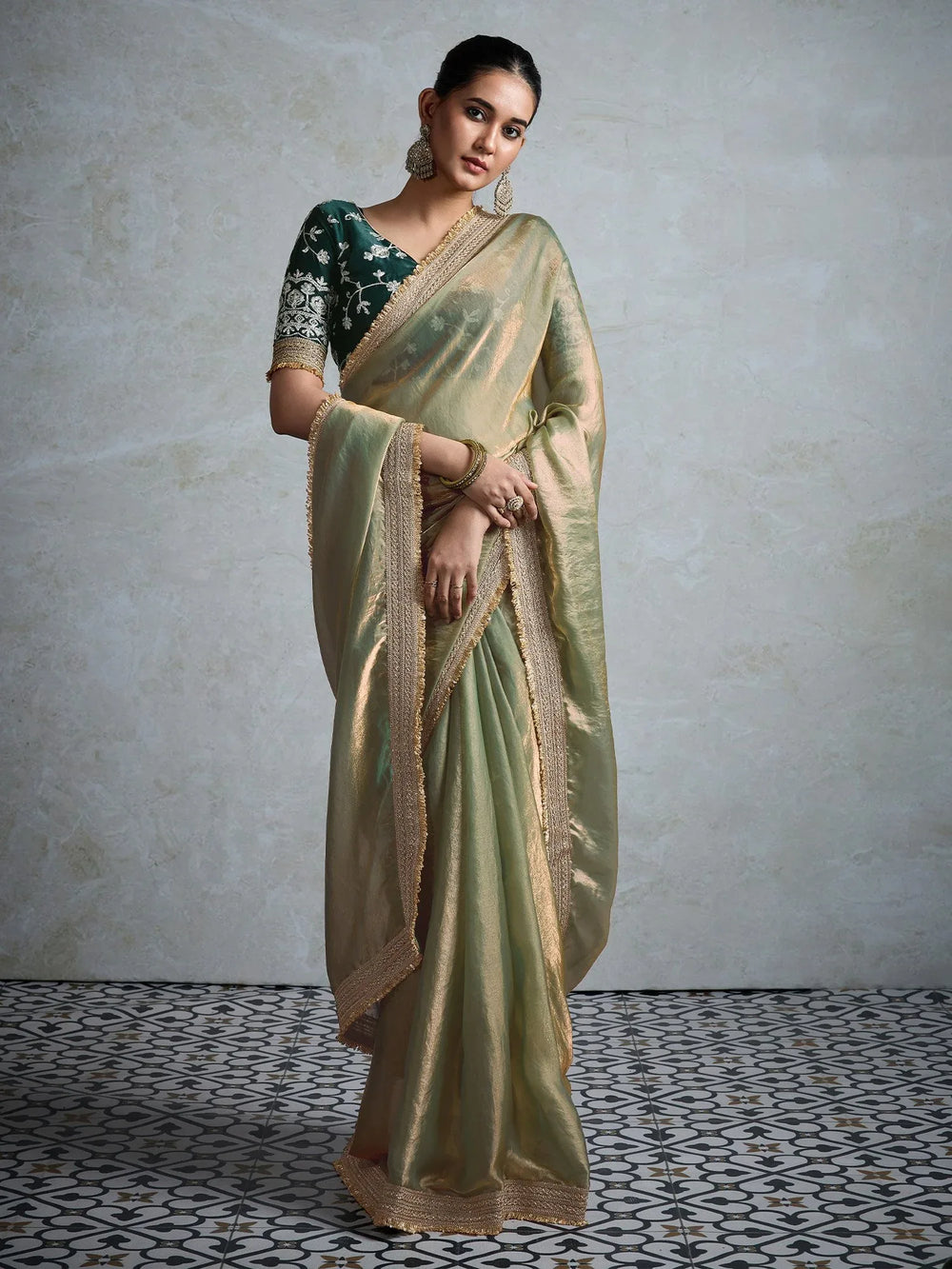 Olive Party Wear Pure Chiffon Embellished Saree - The Dori Store