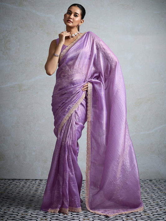 Lavender Lavendar Party Wear Tissue Embellished Saree