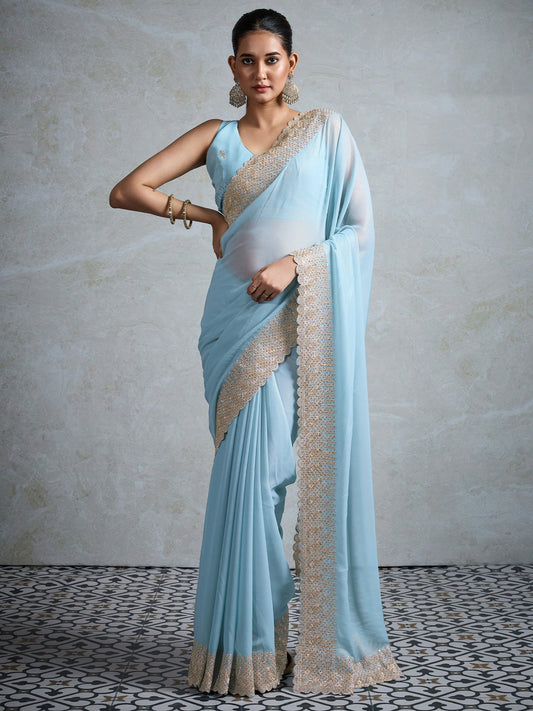 Blue Light Party Wear Georgette Embellished Saree
