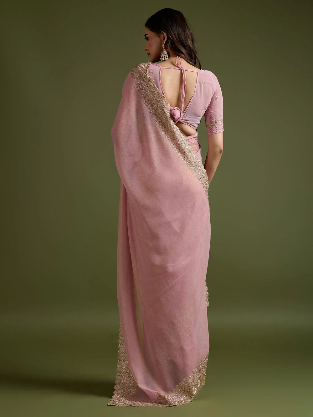 Peach Party Wear Georgette Embellished Saree - The Dori Store