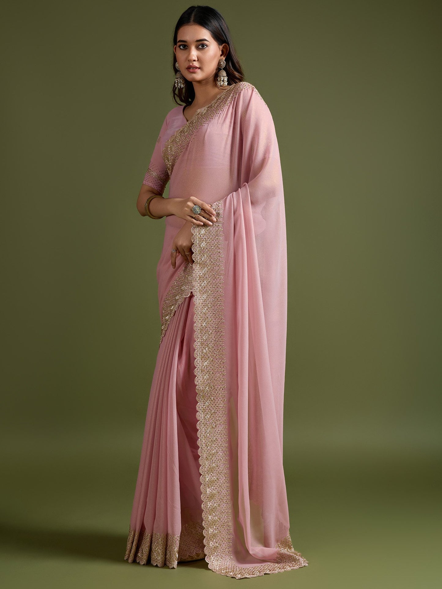 Peach Party Wear Georgette Embellished Saree