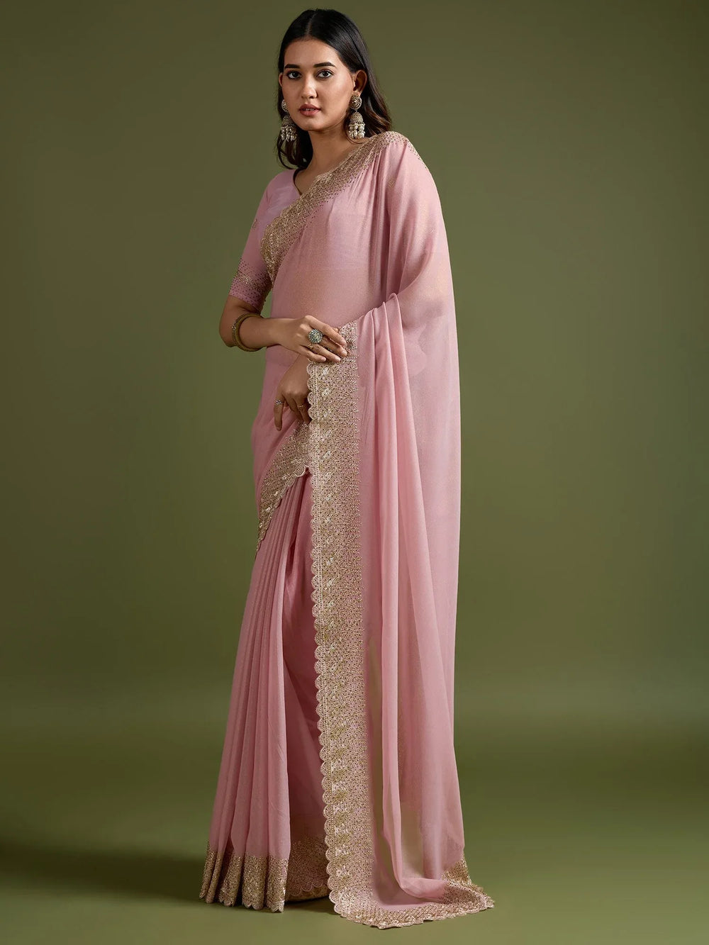 Peach Party Wear Georgette Embellished Saree - The Dori Store