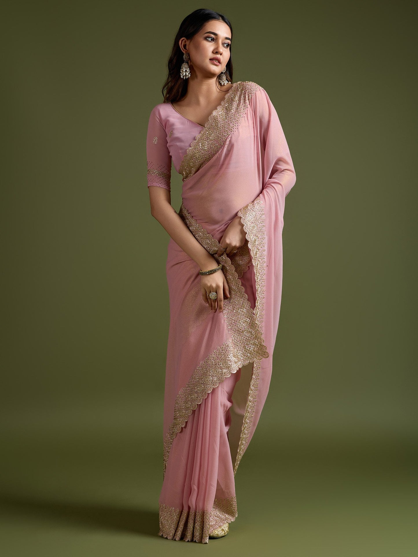 Peach Party Wear Georgette Embellished Saree