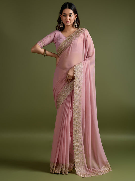 Pink Peach Party Wear Georgette Embellished Saree
