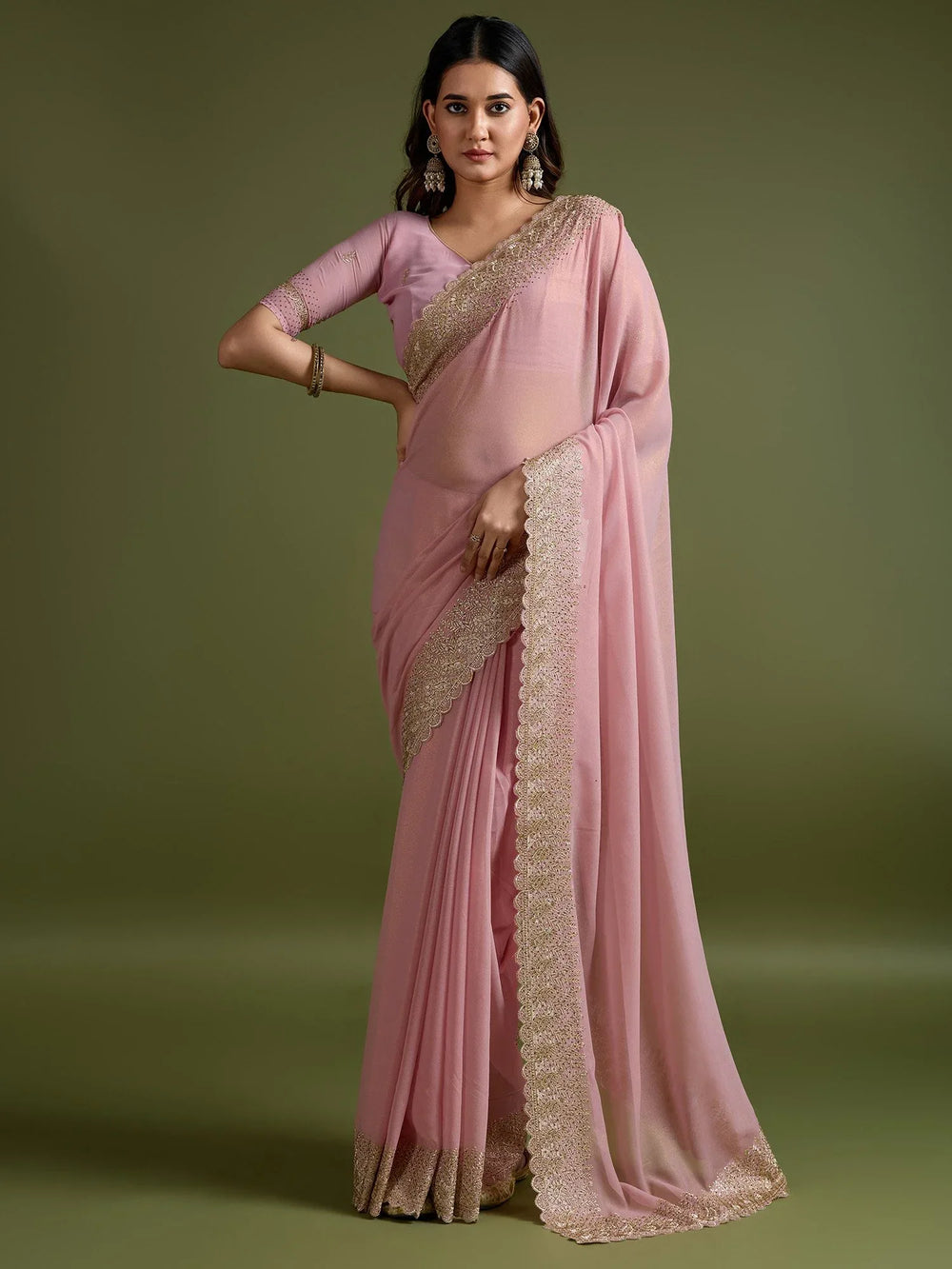 Peach Party Wear Georgette Embellished Saree - The Dori Store