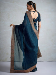 Teal Blue Party Wear Organza Embellished Saree - The Dori Store