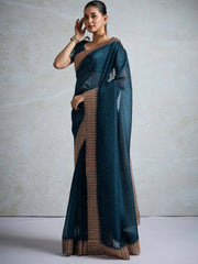 Teal Blue Party Wear Organza Embellished Saree - The Dori Store