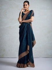 Teal Blue Party Wear Organza Embellished Saree - The Dori Store