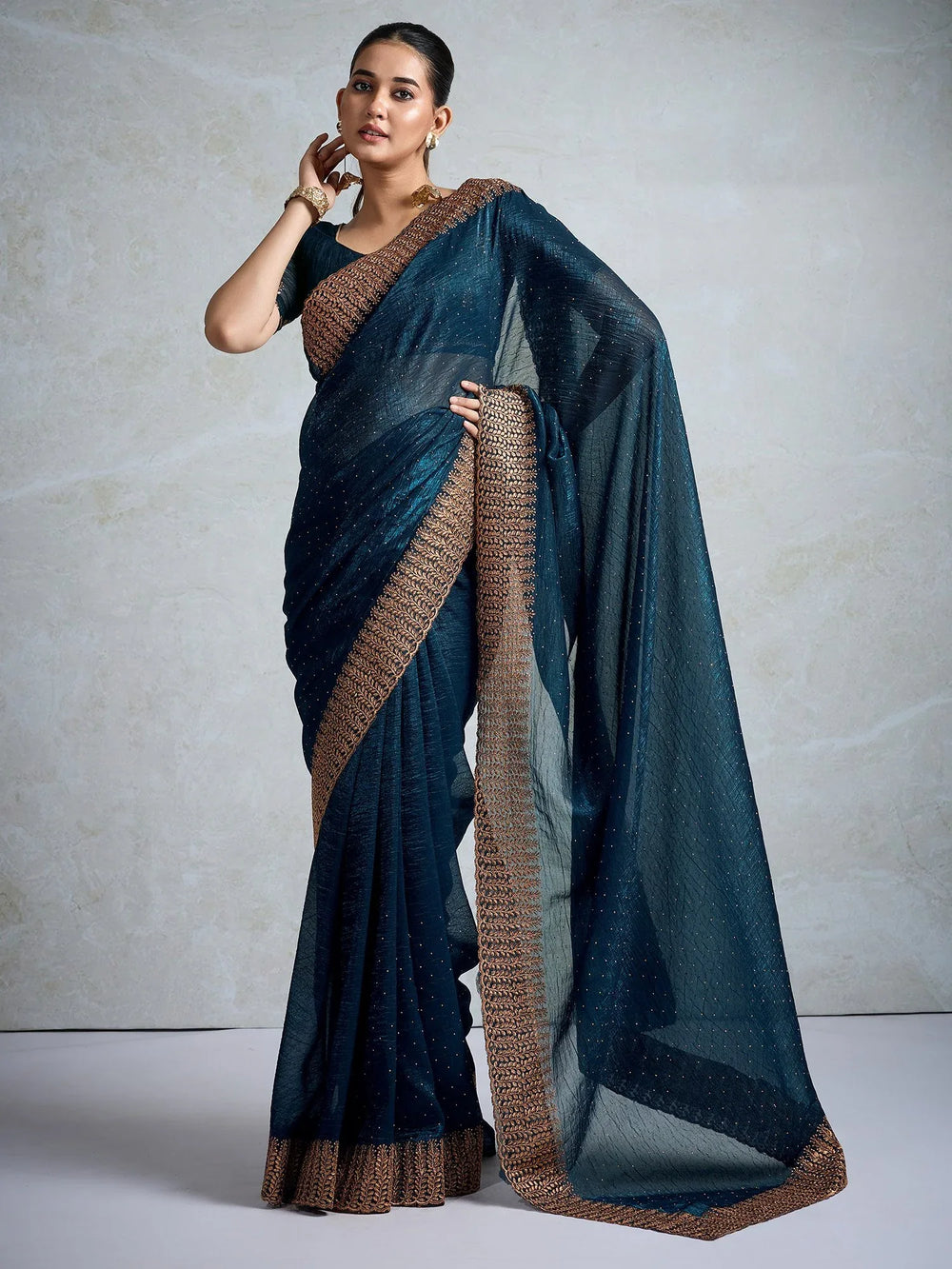Teal Blue Party Wear Organza Embellished Saree - The Dori Store