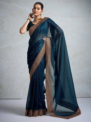 Teal Blue Party Wear Organza Embellished Saree - The Dori Store