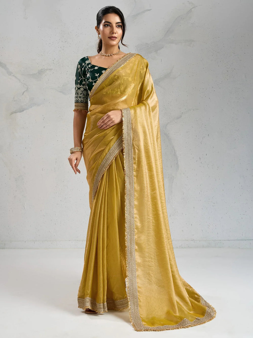Yellow Party Wear Pure Chiffon Embellished Saree - The Dori Store