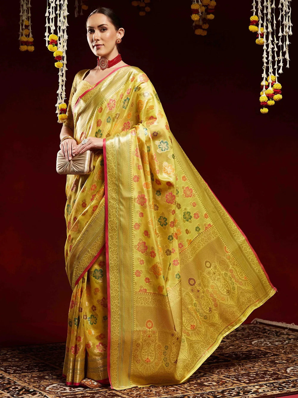 Yellow Banarasi Organza Woven Saree - The Dori Store