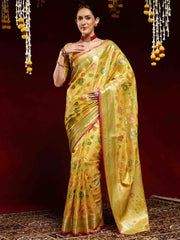 Yellow Banarasi Organza Woven Saree - The Dori Store