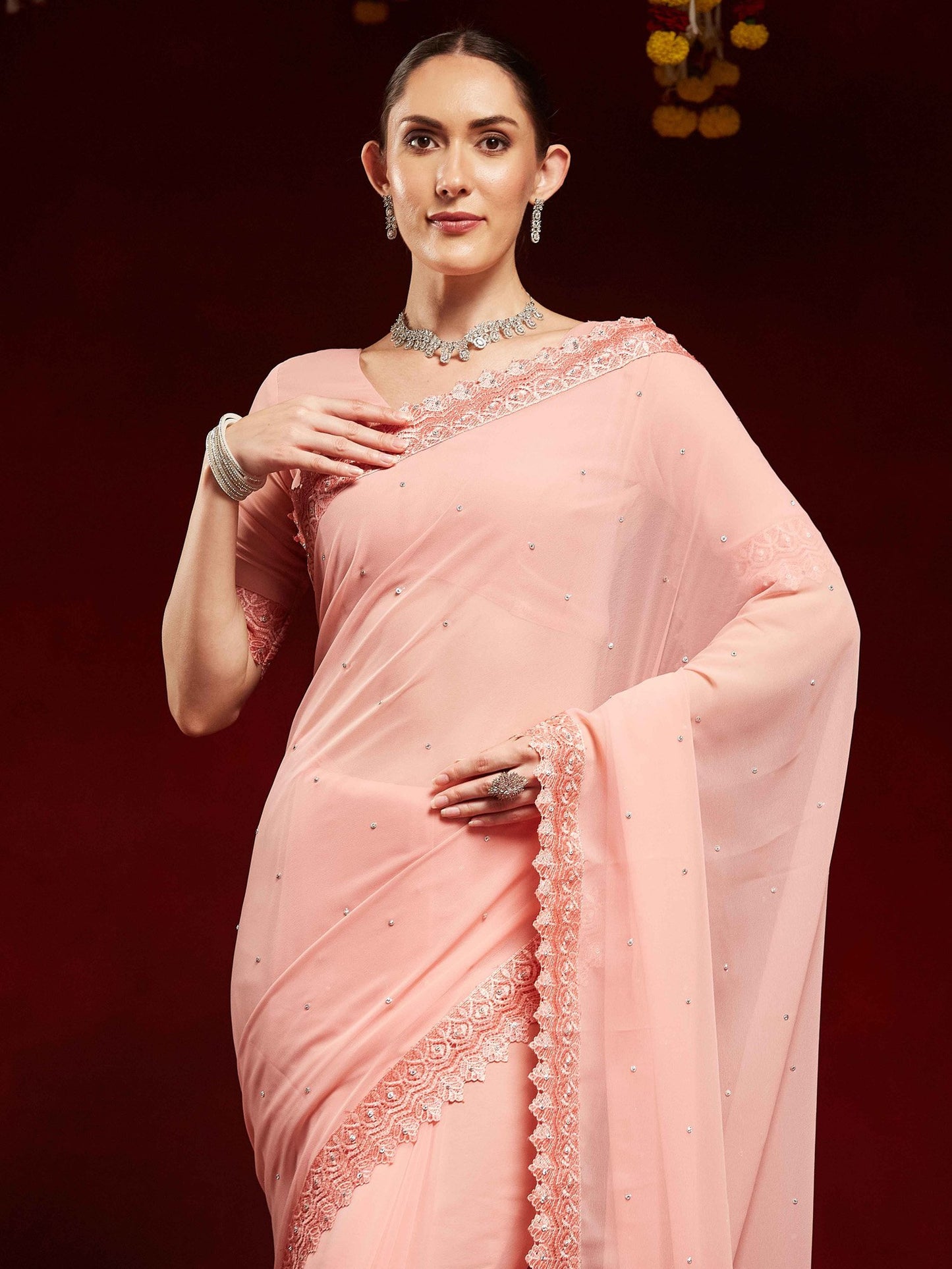 Peach Party Wear Georgette Embellished Saree