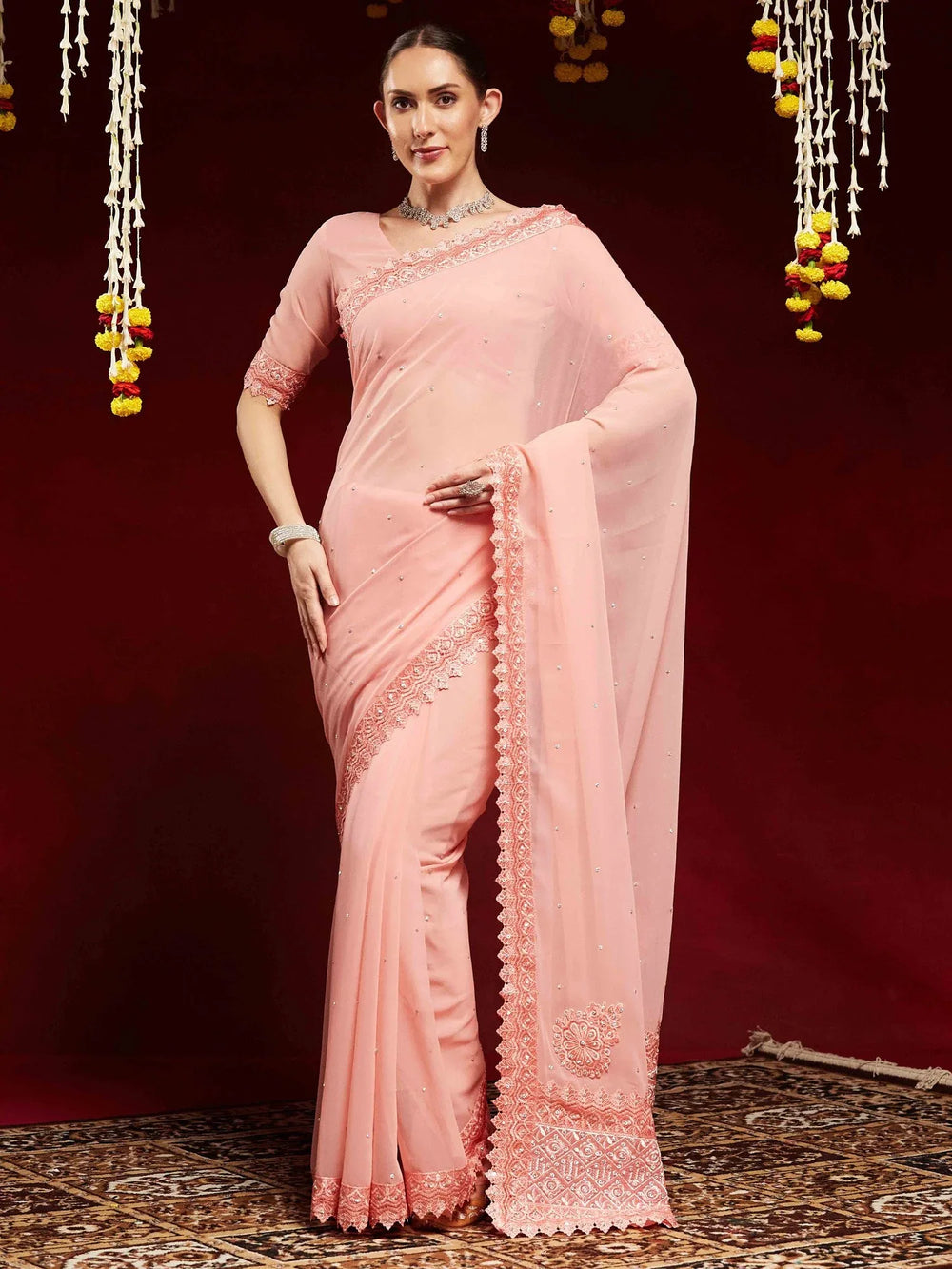 Peach Party Wear Georgette Embellished Saree - The Dori Store